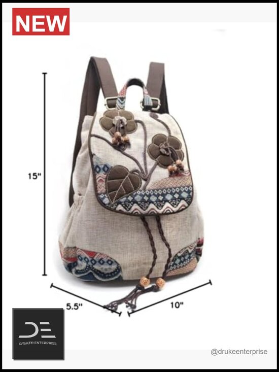 Vintage Boho Drawstring Backpack Purse Hand-Embroidered Canvas Travel Bag main image 4